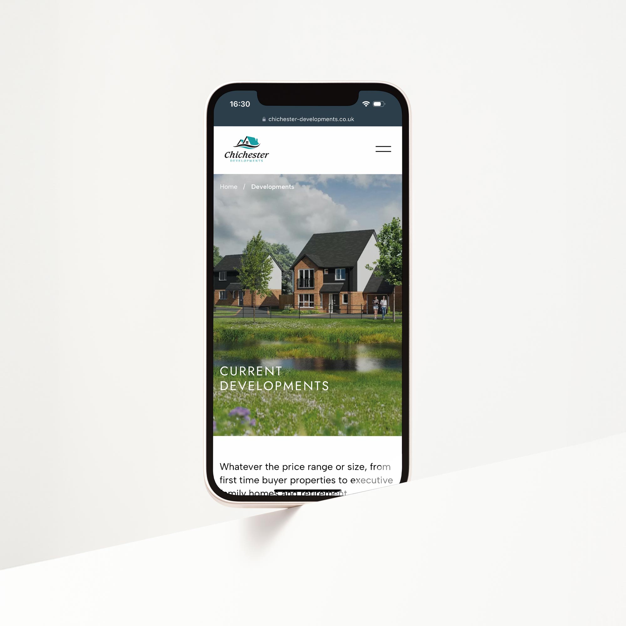 The Chichester Developments Website by Inventive on a smartphone