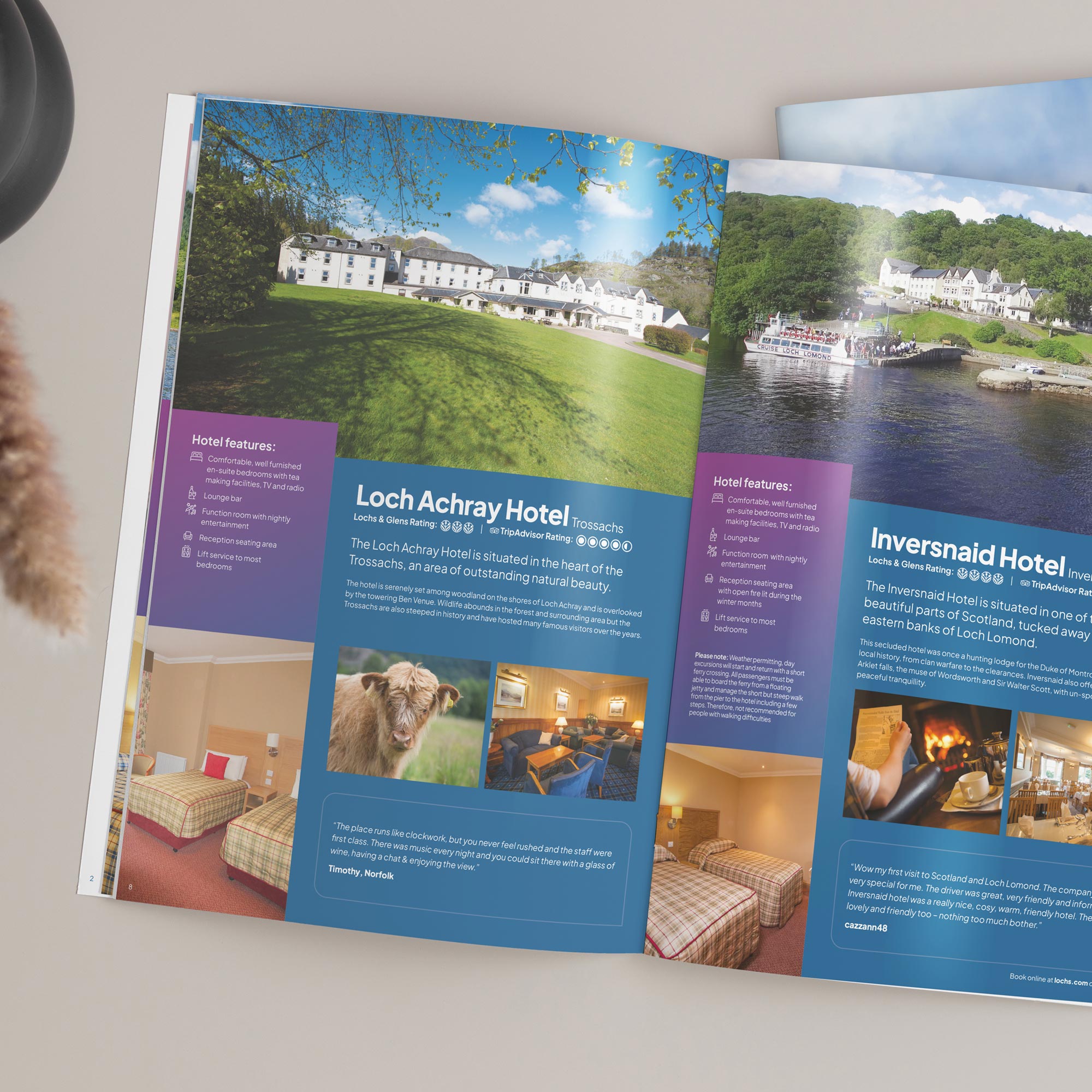 An internal spread showing two hotels for the Lochs & Glens Holidays brochure designed by Inventive