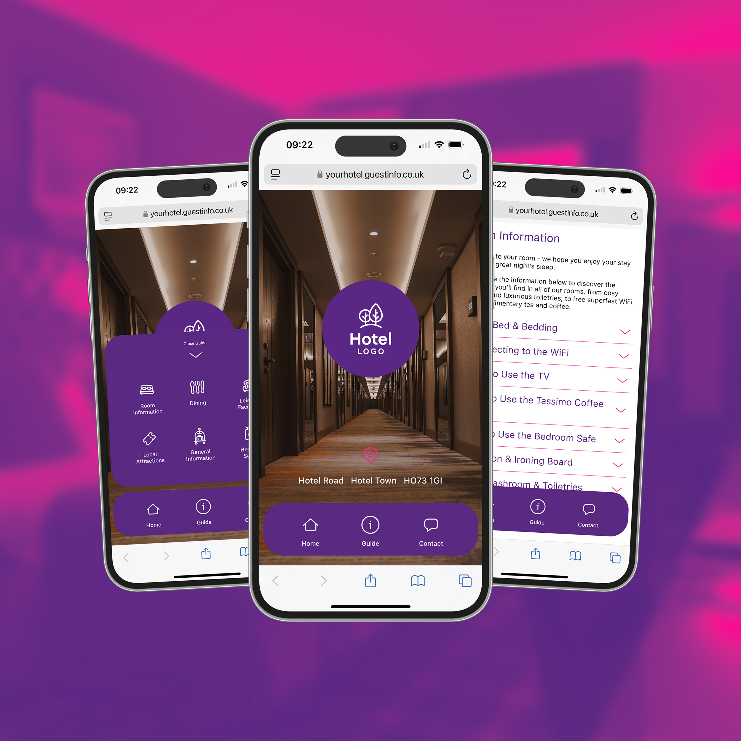 3 mockup screens for GuestInfo showing the homepage navigation and an internal page on a smartphone